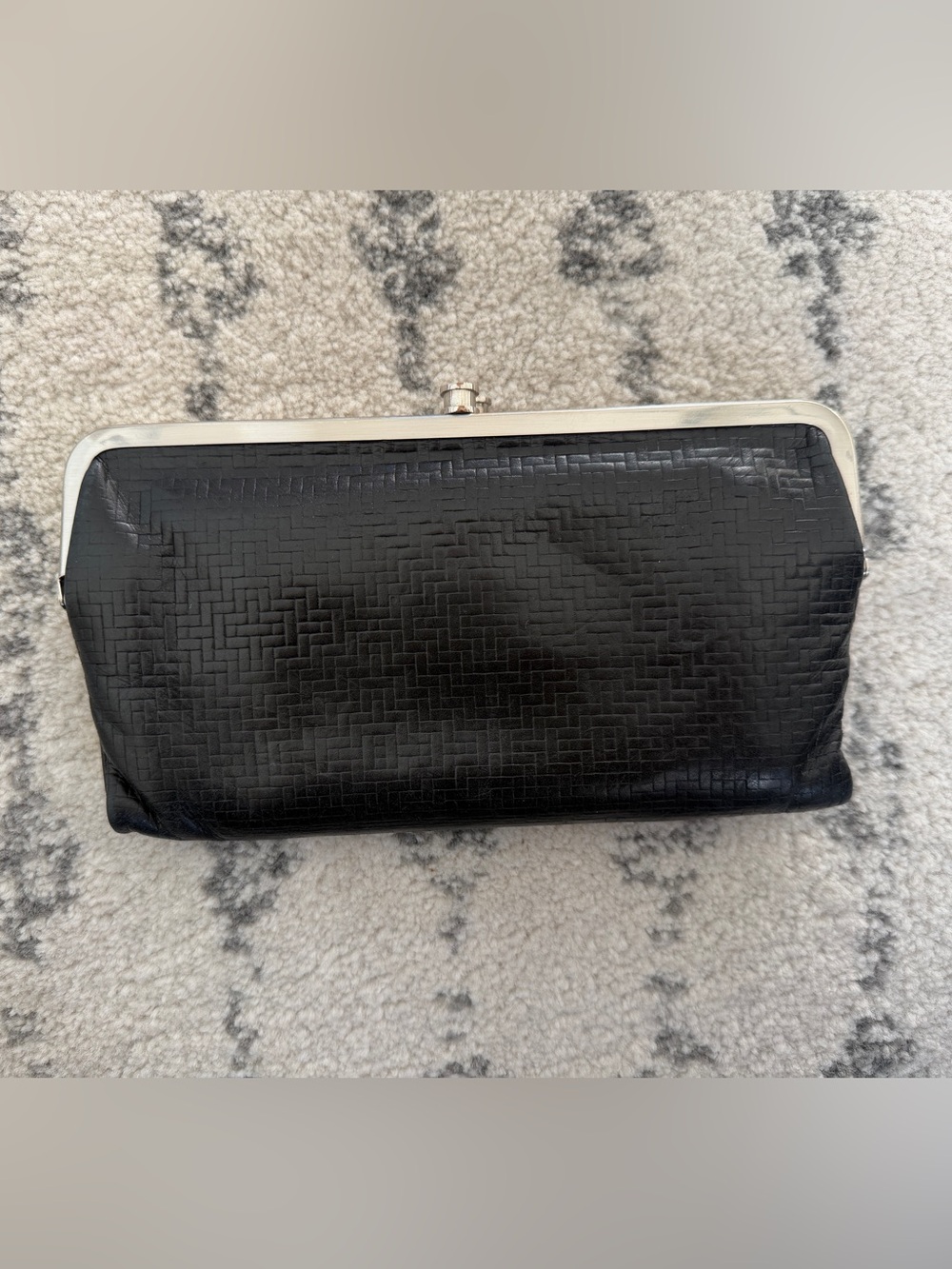 HOBO International Lauren Clutch Black Woven Leather Bifold Framed Wallet 9x5